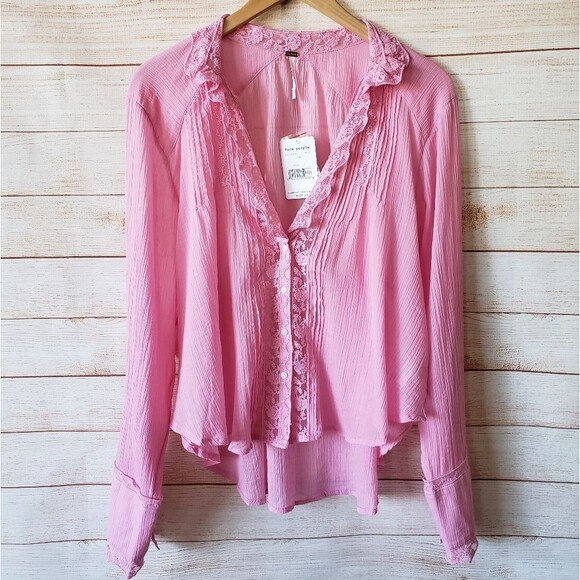 Free People 100% Cotton Clemence Buttondown Blouse Shirt Pink Size Medium - Picture 4 of 13